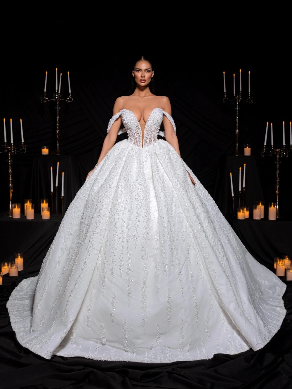 Gorgeous Wedding Dresses Pearls Off Shoulder Bridal Ball Gowns Beading Backless Princess Sweep Train Customized Vestidos De Novia Plus Size