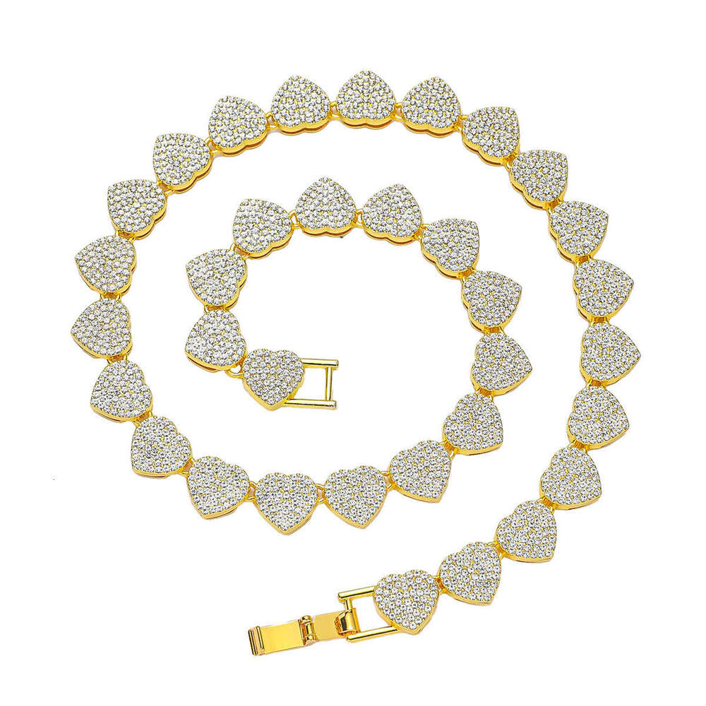 New Heart-Shaped Full Dia Cuban Necklace Hip-Hop Style Bracelet Trendy Men's Punk Jewelry