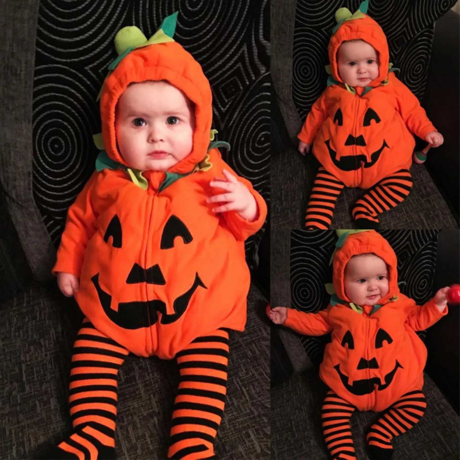 Halloween baby cute pumpkin shaped jumpsuit hooded Easy to wear LongSleeved Cushaw Zipper OnePiece Romper Photography clothing L250918