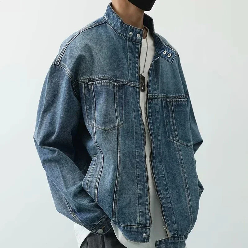 Retro Denim Jacket Autumn American High Street Washed Mens Stand Collar Cowboy Blue Jacket Fashion Jeans Outerwear Work Wear 250919