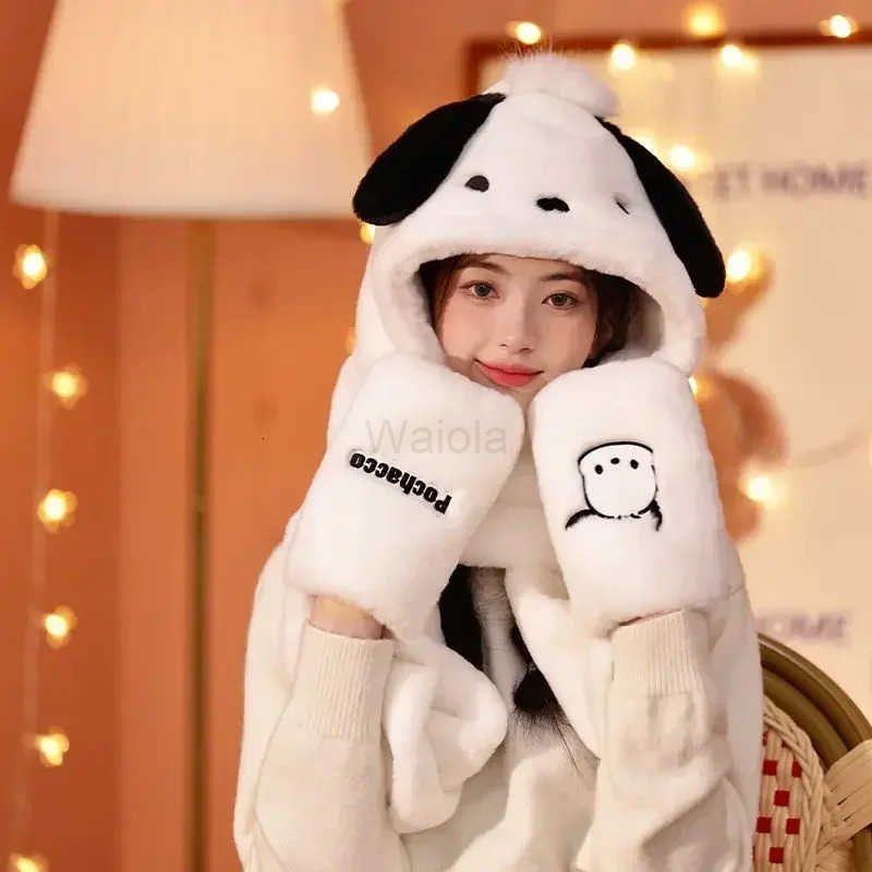 Sanrio Hello Kitty Cinnamoroll Kuromi My melody Pochacco new kawaii winter plush warm threeinone scarf hat gloves cute girls fashion L250919
