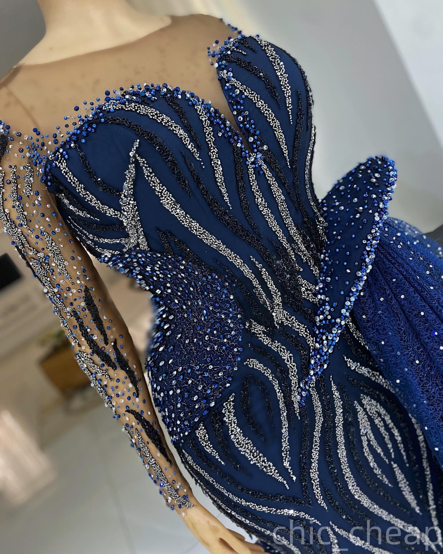 Mermaid Navy Blue Prom Dresses 2025 Beaded Sequined Full Sleeves Evening Formal Party Second Birthday Engagement Gowns Plus Size Dress For Special Occ