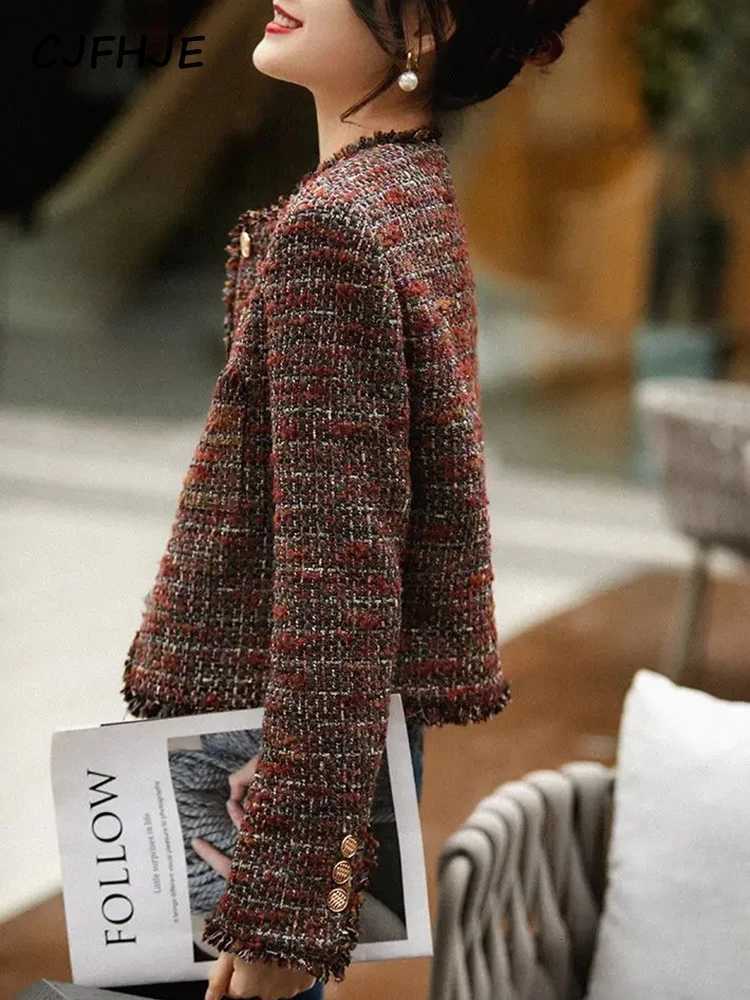 CJFHJE Oneck Tweed Fragrant Lady Coats Autumn Winter New Elegant Lady Outerwear Tops Tassel Single Breasted Women Woolen Jacket Z250918