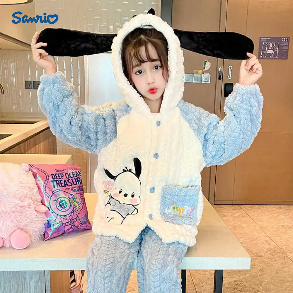 Sanrio Pochacco Kuromi Children Flannel Pajama Kawaii Anime Autumn Winter Girls Warm Thicken Loungewear Homewear Set Gift L250919