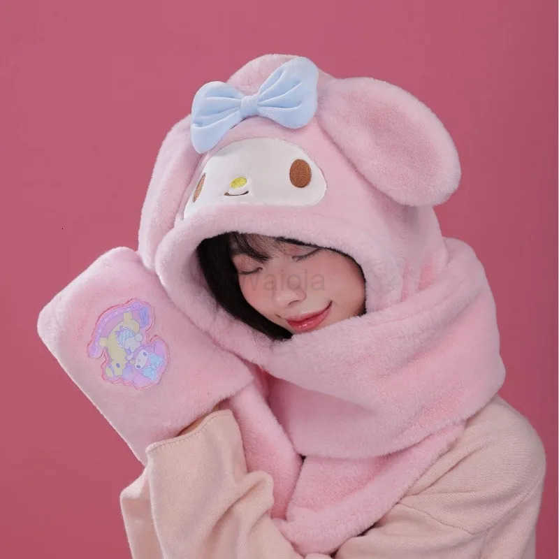 Sanrio Sanrioed Cute Kuromi My Melody Winter Womens Warm Threepiece Scarf Hat Gloves Cute Cartoon Hooded Childrens Birthday Gift L250919