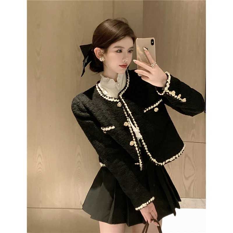 MEXZT Vintage Tweed Jackets Women Elegant Black Cropped Suit Coat Korean Thicken Blazer Single Breasted Short Outerwear Tops New Z250918