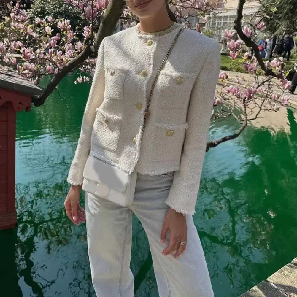 Elegant Tweed Jacket for Women Tweed Round Neck Stylish Womens Tweed Jackets with Pockets for Business Casual for Spring Z250918