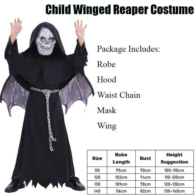 Unisex Girl Scary Demon Clothing Boy Grim Reaper Halloween Fancy Dress Up Childs Winged Reaper Costume L250918