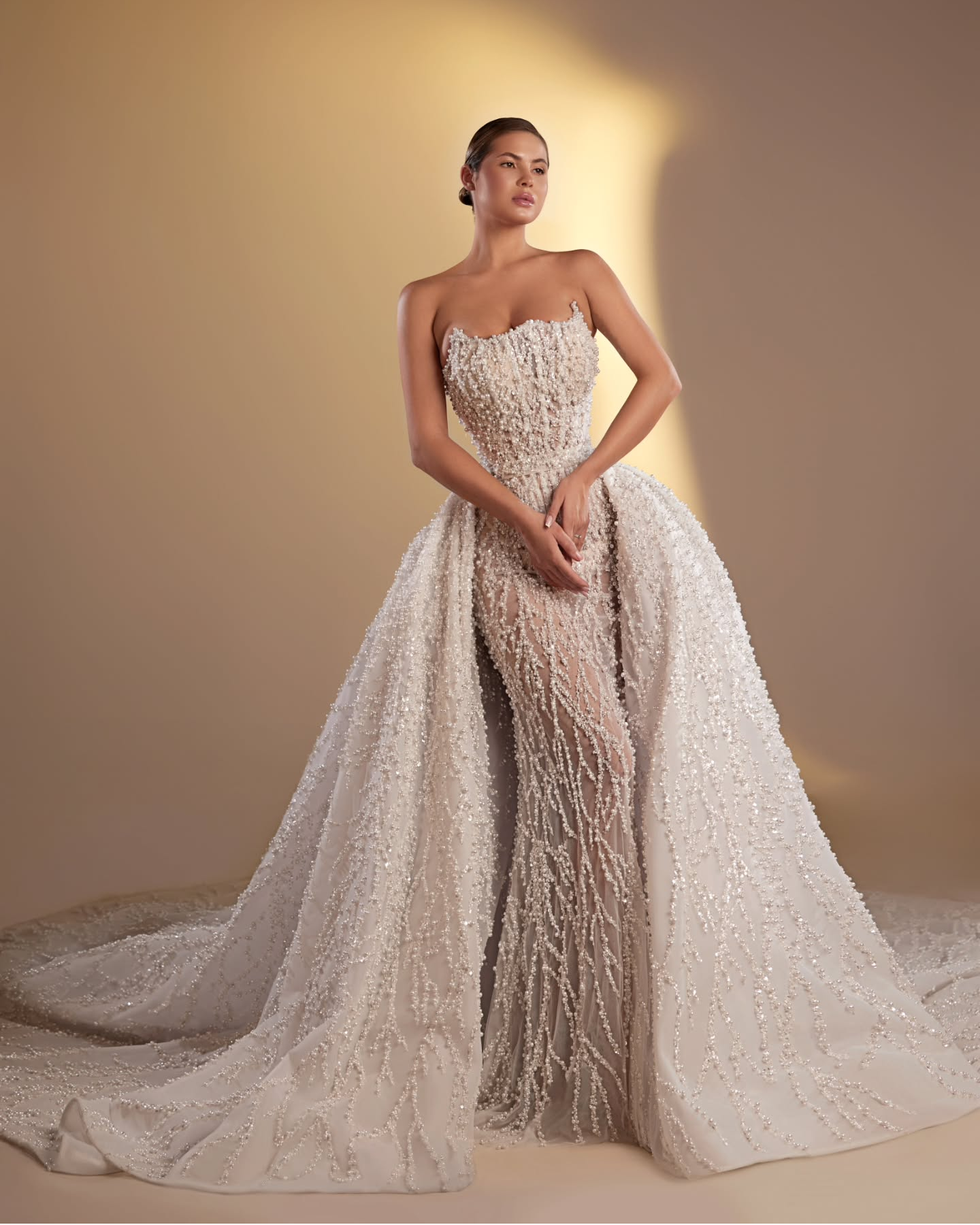 Classic Pearls Strapless Wedding Dresses Bridal Gowns with Detachable Train Illusion Mermaid Princess Customized Vestidos De Novia Plus Size