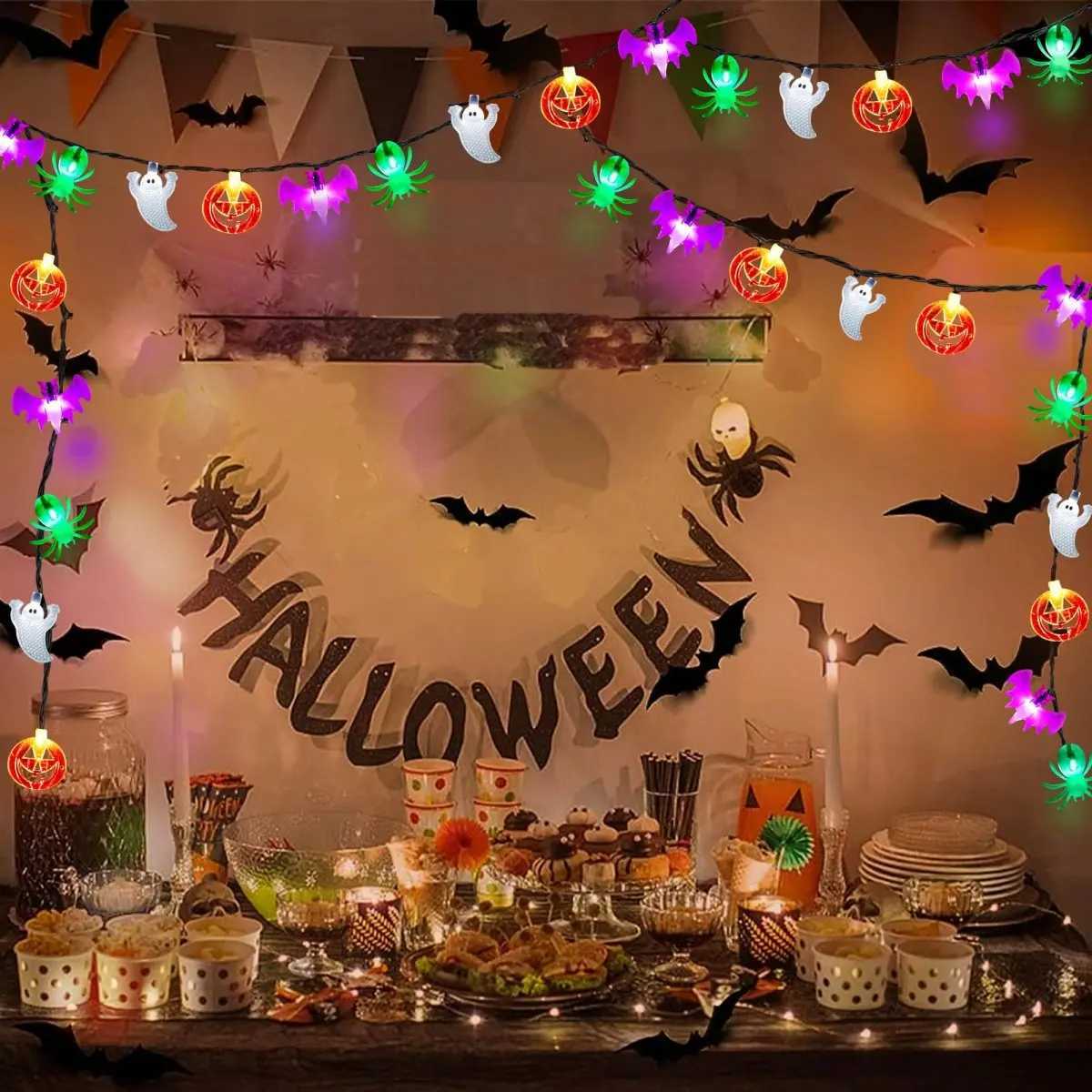 1pc 2030LED Halloween 3D Pumpkin Bat Ghost Spider Solar String Lights With 8 Lighting Mode For Home Garden Halloween Decoration C250919