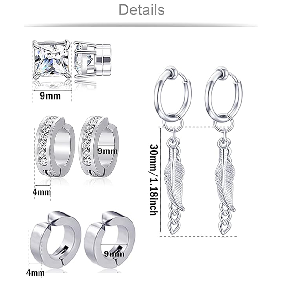 12 Pairs Magnetic Stud Earrings Stainless Steel CZ Hoop Punk Feather Dangle Hinged Non-Piercing Earrings Clip on Magnet Earring Set for Women Men Silv