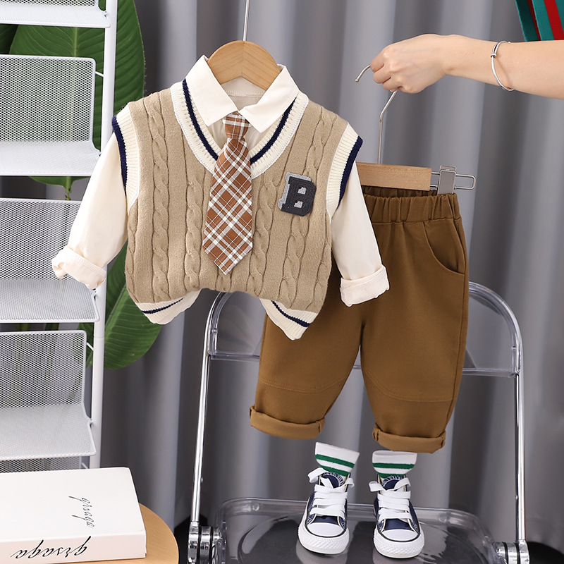 2025 New Autumn Toddler Boys' Preppy Style 3 Piece Set Sweater Vest Tie & Shirt Suitable for Spring & Autumn