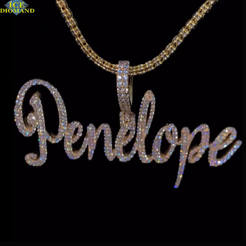Customized Trend 925 Silver Iced Out Moissanite Pendant Hiphop Artistic Font Name Pendant Charm Unique Personalized Design