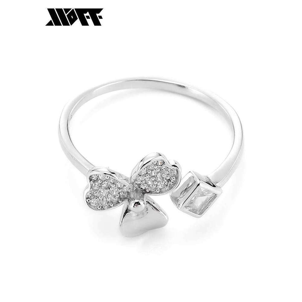 XXOFF Silver Inlaid with Diamonds Heart Lucky Clover Niche High-end Design Adjustable Women's Ring Gift