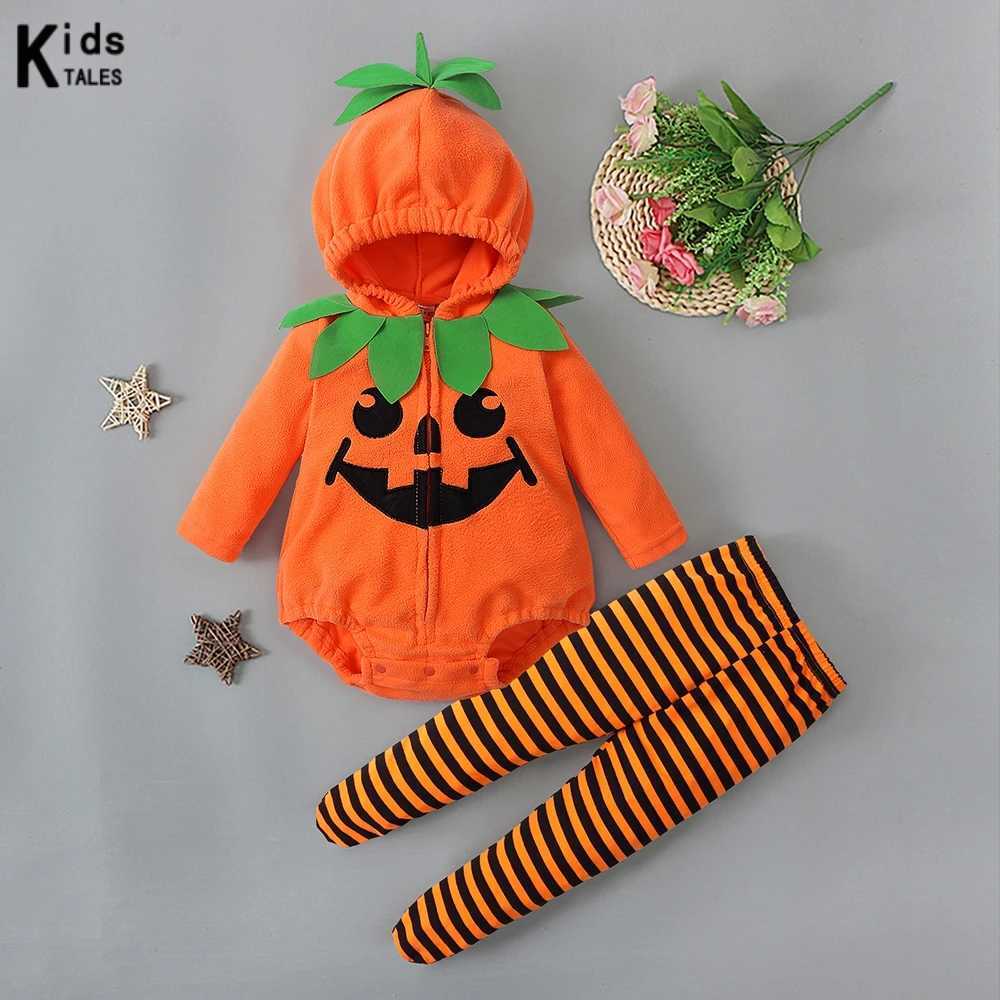 2025 Halloween Cosplay Costume Baby Girls Boys Pumpkin Hooded Romper Infant Fleece OnesieStriped Pants Sets Toddler Clothes L250918