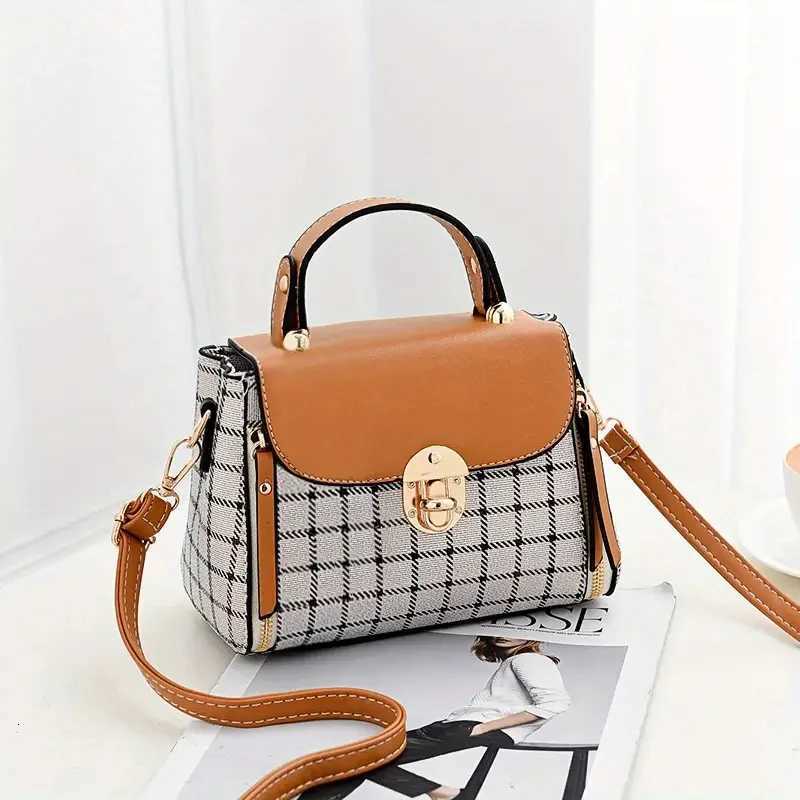 Womens Plaid Patterned PU Leather Crossbody Bag Stylish Buckle Decor Flap Purse Z250915