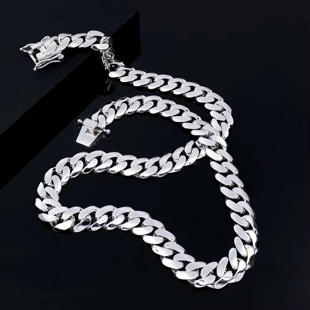 Custom Heavy Metal Style 925 Sterling Silver Hiphop Jewelry Rhodium Plated 18mm Plain Cuban Link Chain Necklace for Rapper