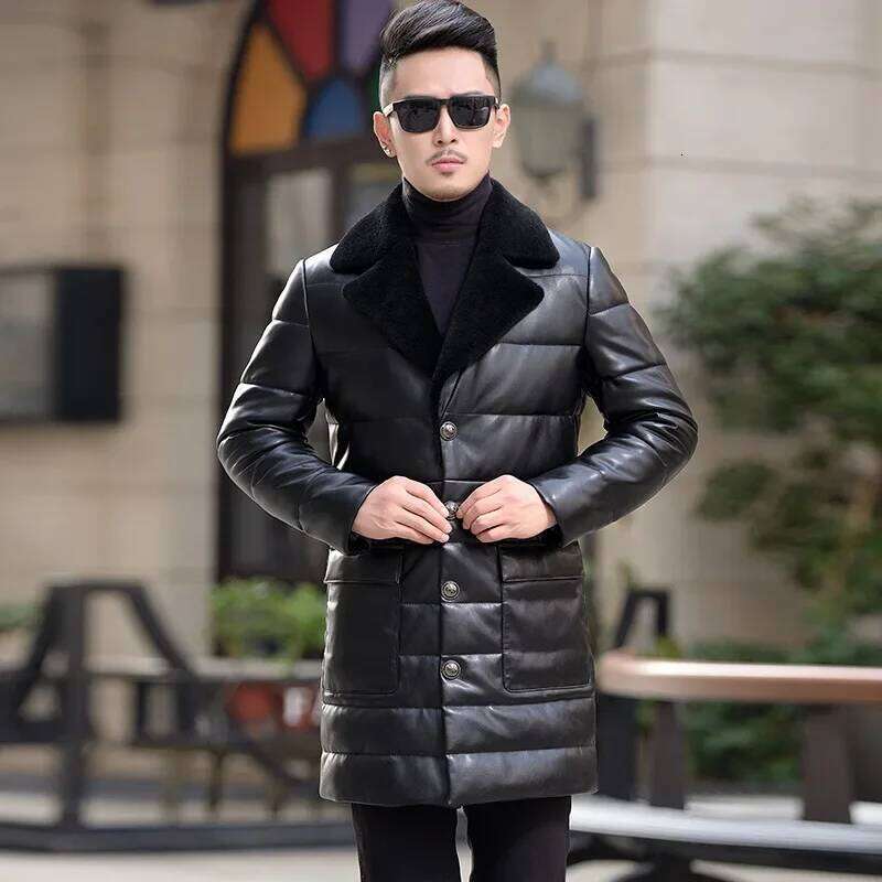 Winter Suit Collar With Veet Mid To Long Leather Jacket Men High Quality Slimming Down Man Composite Sheepskin Coat