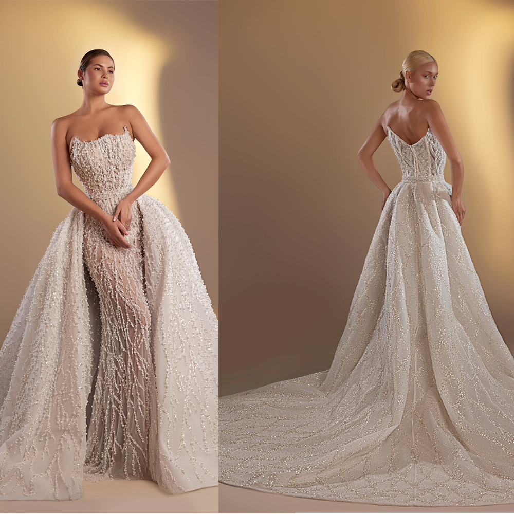 Classic Pearls Strapless Wedding Dresses Bridal Gowns with Detachable Train Illusion Mermaid Princess Customized Vestidos De Novia Plus Size