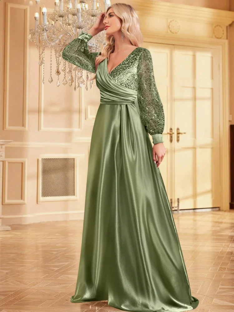 Blue VNeck Sequin Evening Dress Elegant Women Party Maxi Dress Long Sleeve Cocktail Dress Prom Gown 250919BJ - view 6