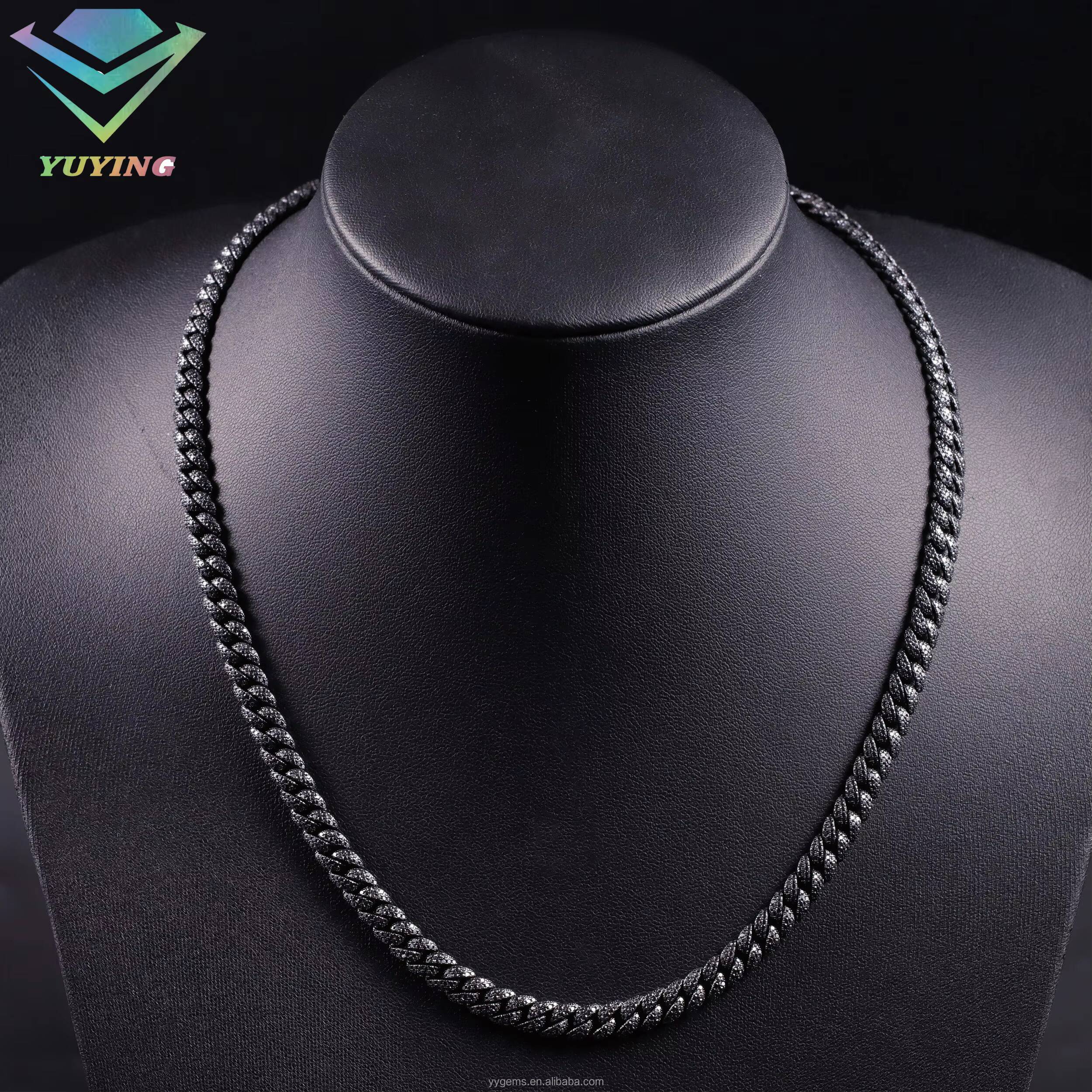Mystic Black Gold Plated Black Moissanite Diamond Full Iced Out 6mm Wide 2Rows Cuban Link Chains for Men Fashion Silver Jewelry
