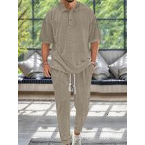 Textured Drop Shoulder Collared Tee Drawstring Waist Pants Two-piece Set, Casual Fashion Cozy Shortsleeve Polo Shirts Pocket Trousers Daily Outdoor We