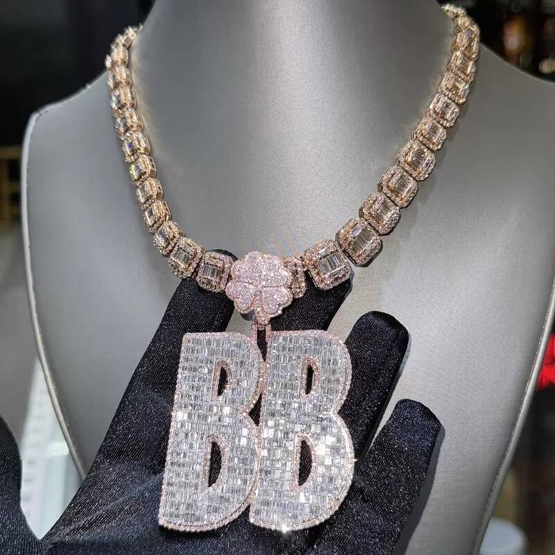 Fashion Hip Hop Jewelry Mens Miami Cuban Chain Custom Letter Clasp 925 Sterling Silver VVS Baguette Moissanite Diamond Pendant