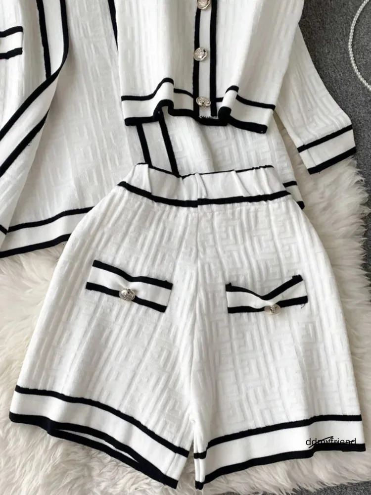 Casual Long Sleeve V Neck Cardigan Jacket Sling Vest Waist Shorts High Quality Chic Button Knitted Vintage 3 Piece Sets 250723 ddmyfriend