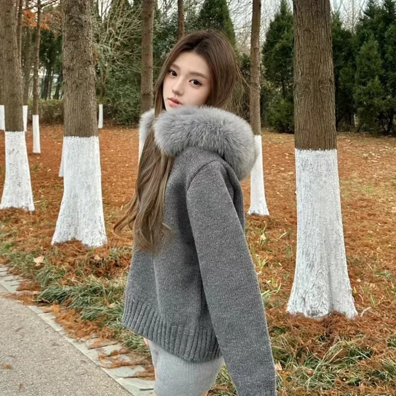 Double Zipper Vintage Cardigan Women Fur Collar Spliced Chic Sweater Hooded Casual Long Sleeve Knit Coat Thick Outerwear 250919