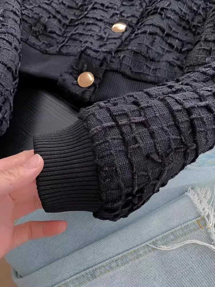 Womans Coat Long Sleeves Textured Short Bomber Jacket Crew Neck Cropped Bomber Jacket Singlebreasted New Female Chic Outerwear Z250918