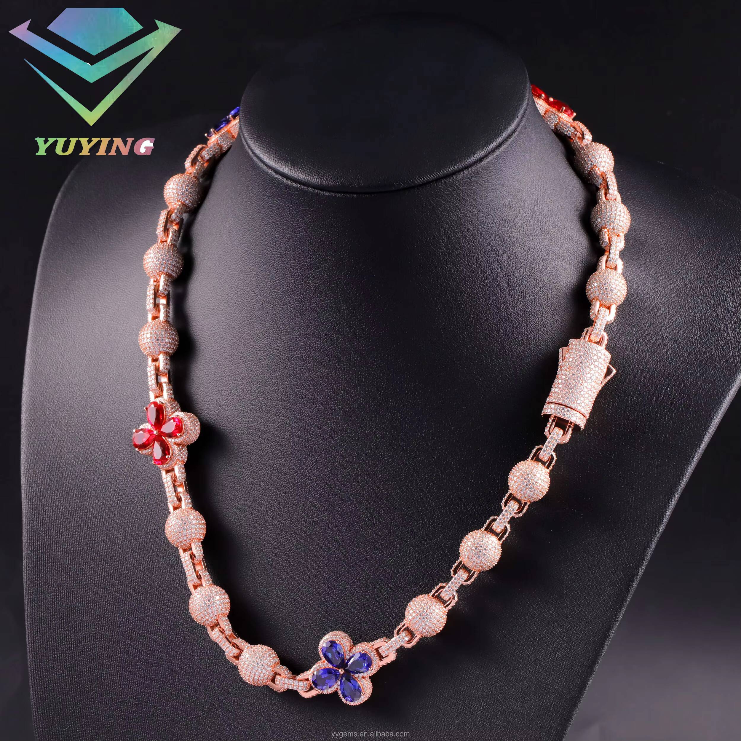 Clover Shape with Ball Chain Cuban Link Chain Solid Silver with VVS Moissanite Diamond Necklace for Mens Hiphop Jewelry