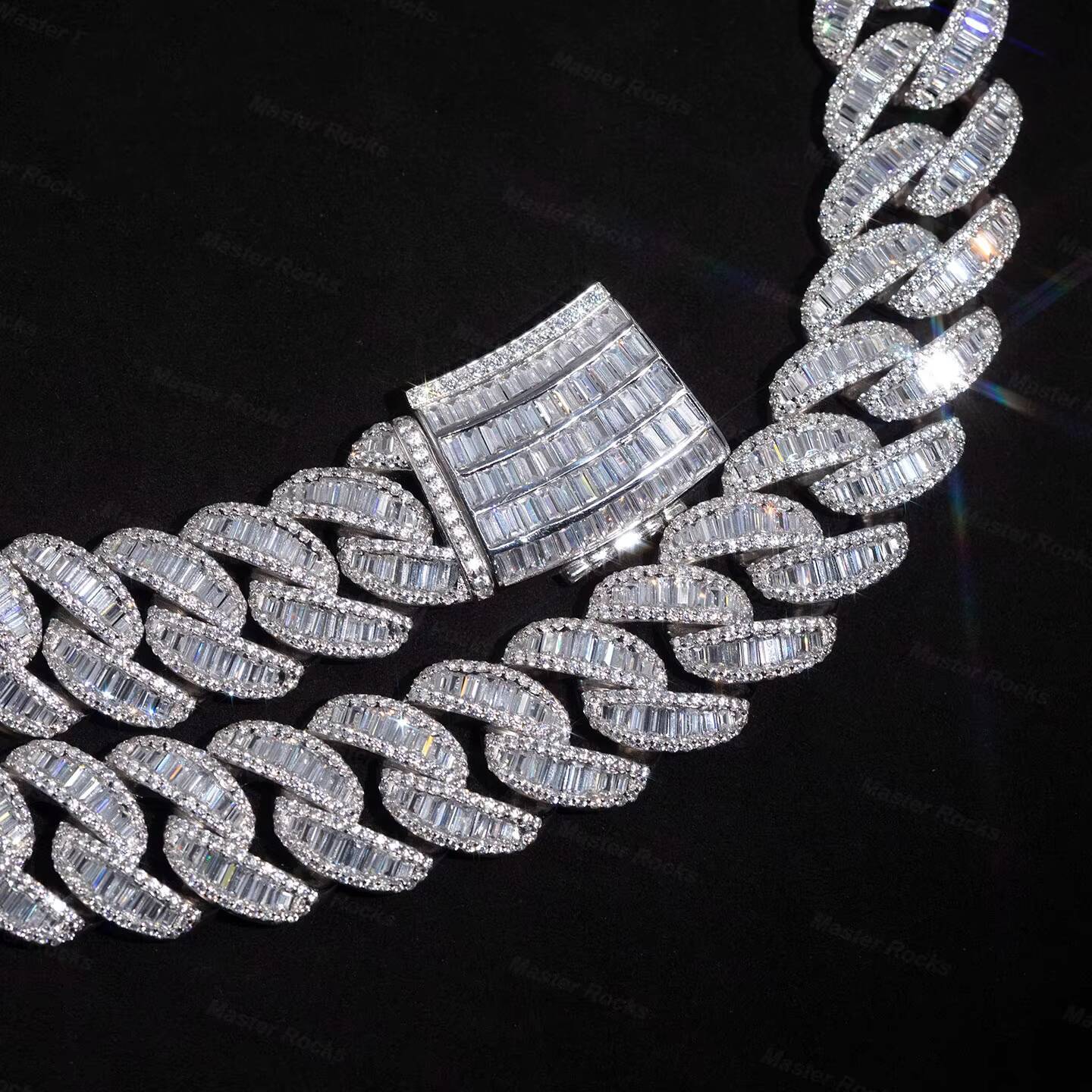 15mm Cuban Link Chain 925 Silver Iced Out Middle Baguette Cut Hiphop Miami VVS Moissanite Cuban Chain