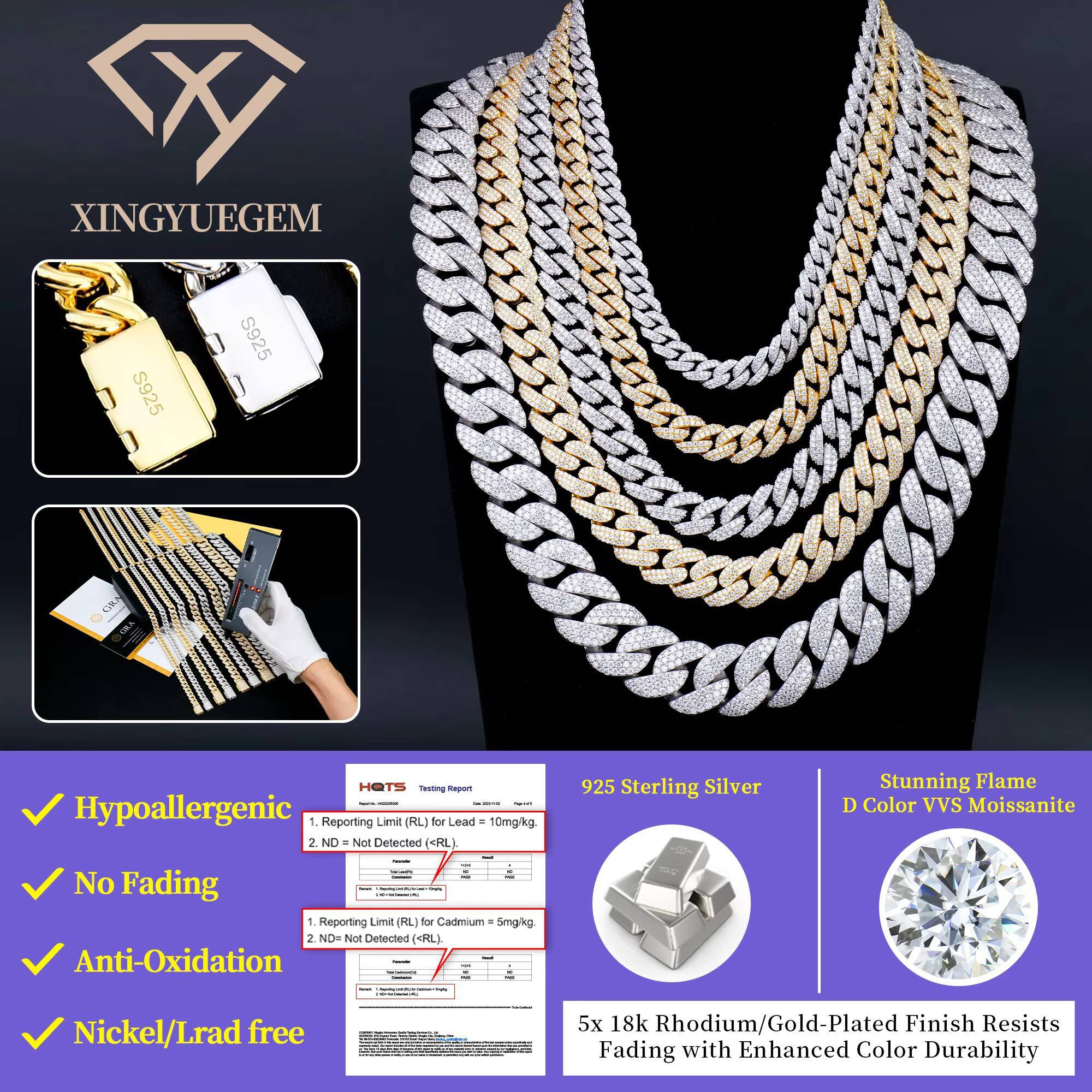 Wholesale Custom High Quality Jewelry Hip Hop Miami Arc Style 925 Silver Iced Out Diamond Moissanite Cuban Link Chain for Men