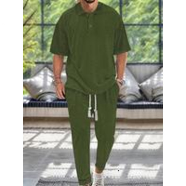 Textured Drop Shoulder Collared Tee Drawstring Waist Pants Two-piece Set, Casual Fashion Cozy Shortsleeve Polo Shirts Pocket Trousers Daily Outdoor We