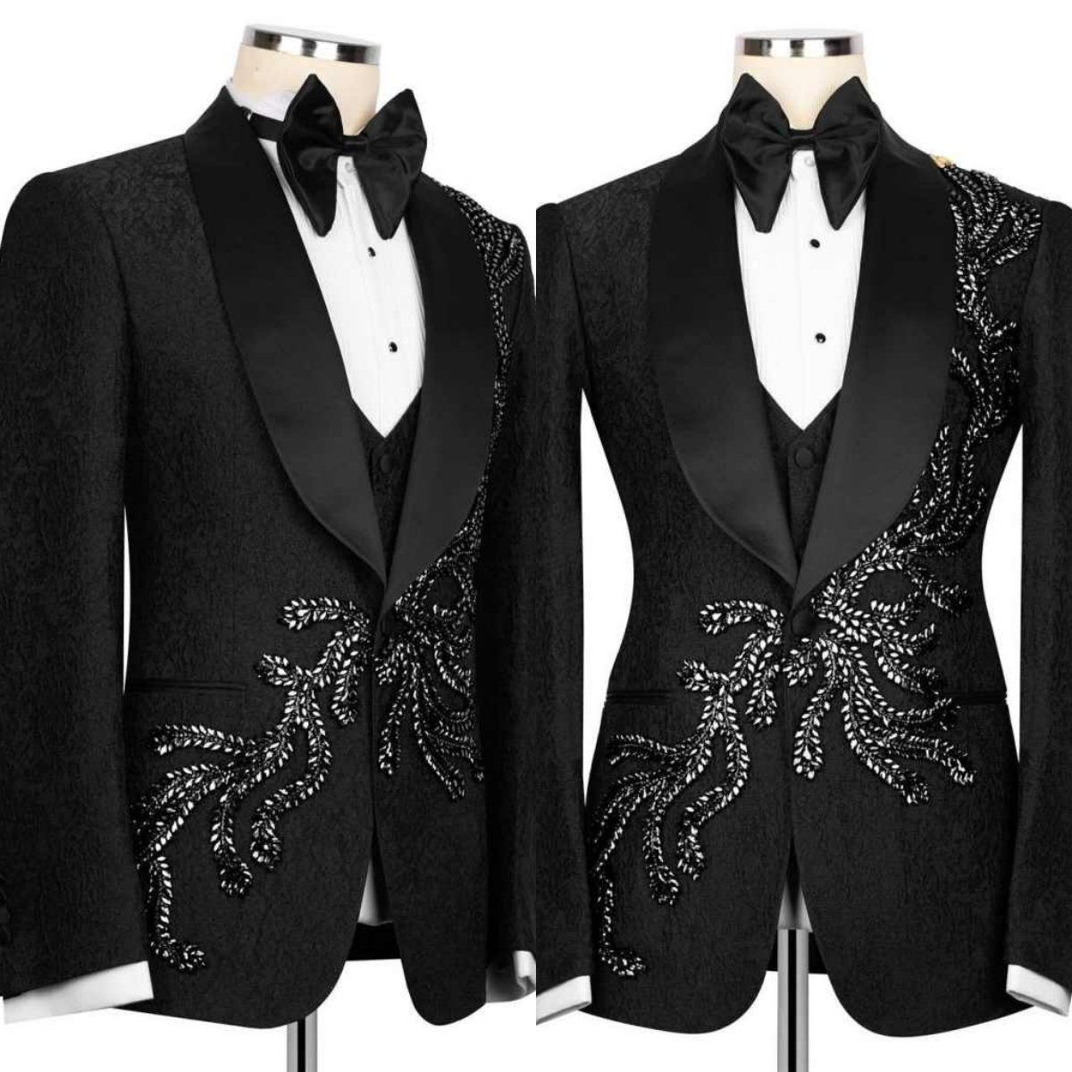 Stylish Jacquard Men Suits One Button Shawl Lapel Wedding Groom Tuxedos 2 Pieces Crystals Appliques Formal Prom Party Customized