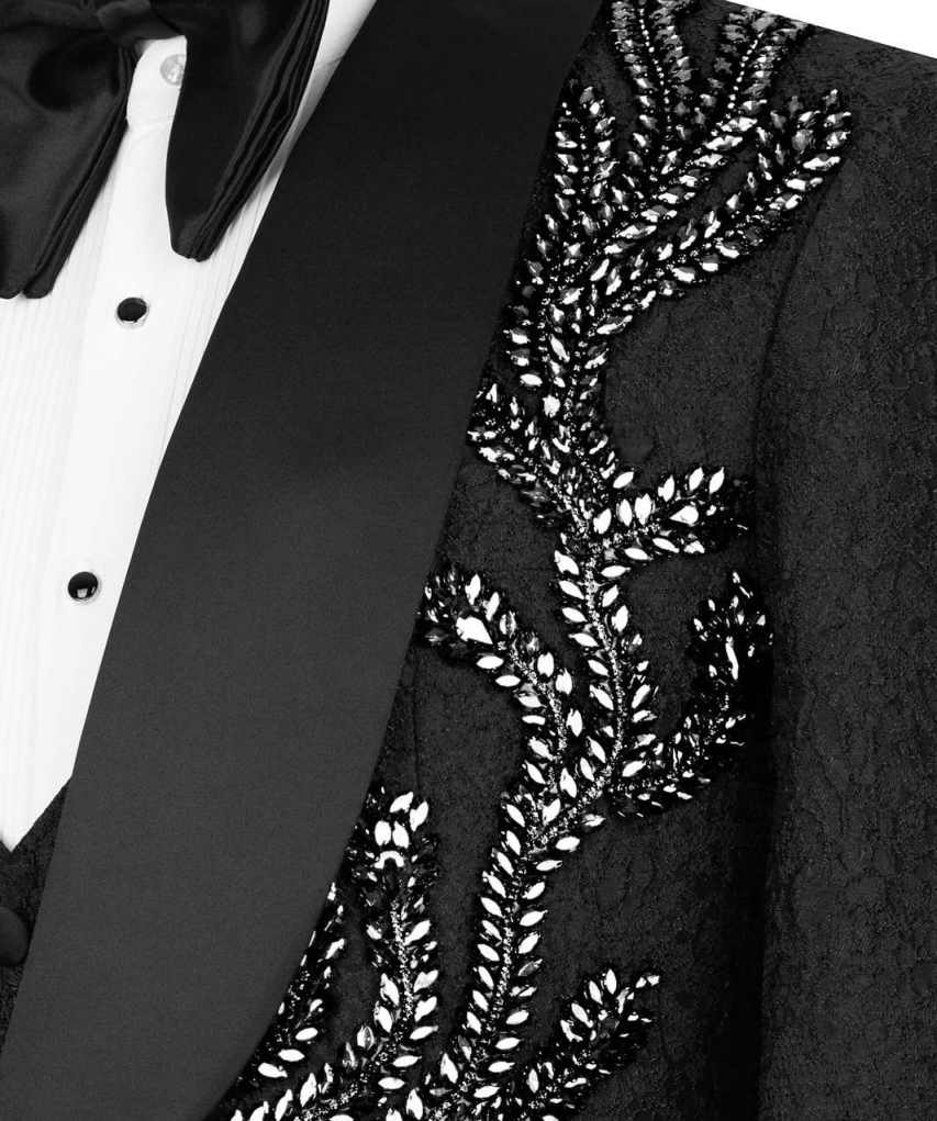 Stylish Jacquard Men Suits One Button Shawl Lapel Wedding Groom Tuxedos 2 Pieces Crystals Appliques Formal Prom Party Customized