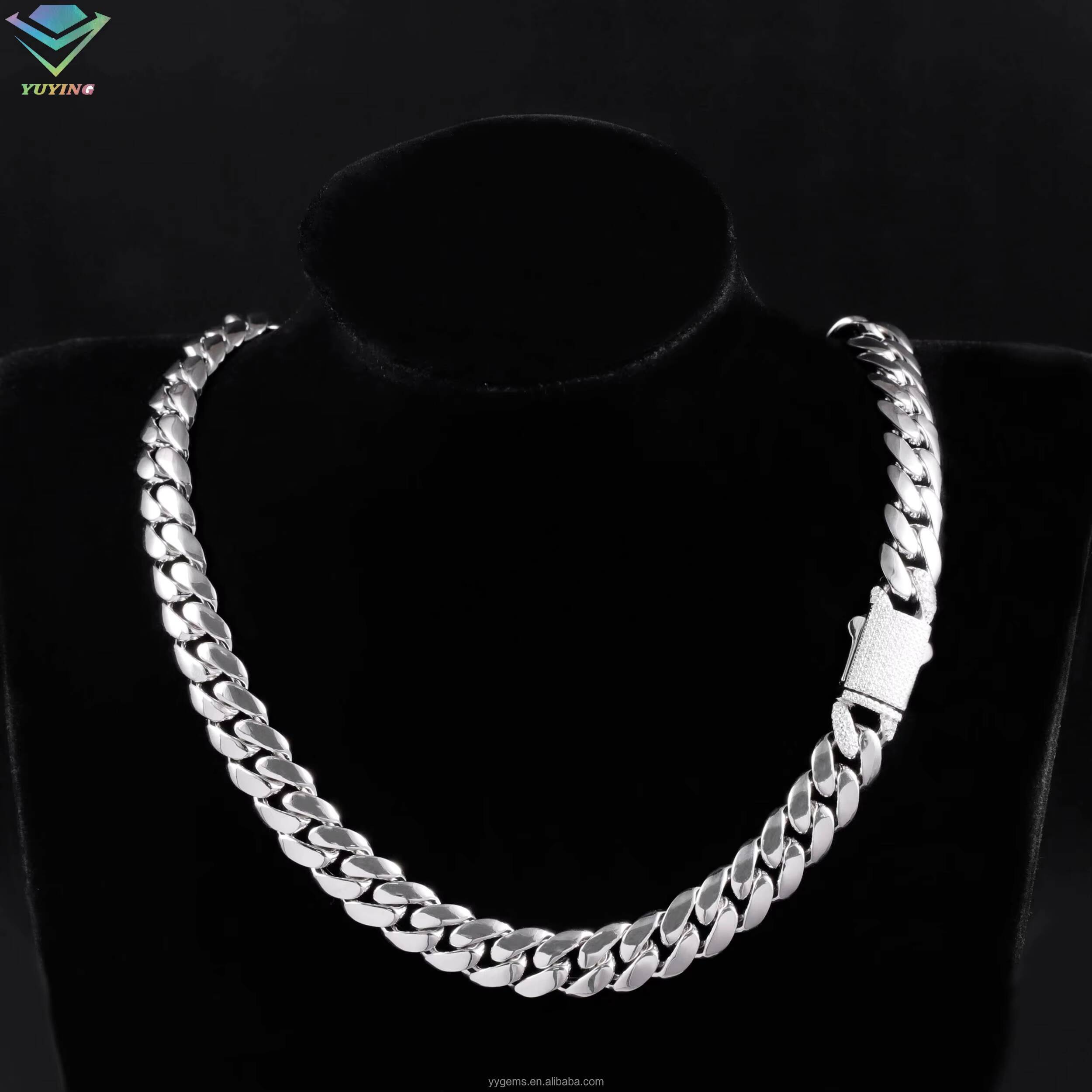 VVS Moissanite Lock Spring Clasp White Gold Plated 81013MM Miami Cuban Link Solid 925 Silver Plain Chain Cuban Chain Necklace