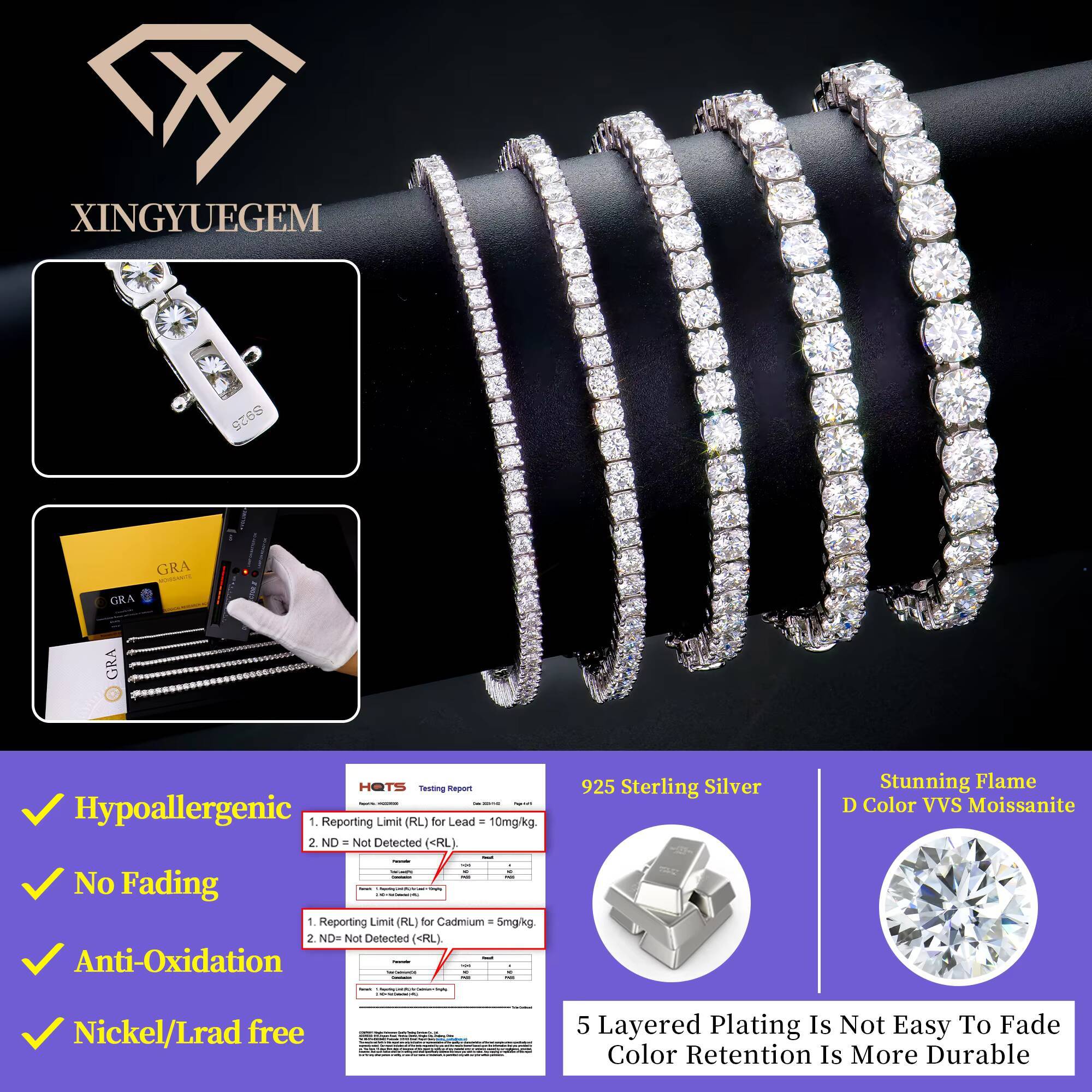 High Polished Fine Jewelry 3mm Gra 925 Silver White Gold Plated Moissanite Diamond Bracelets 6657758inch for Women for Men