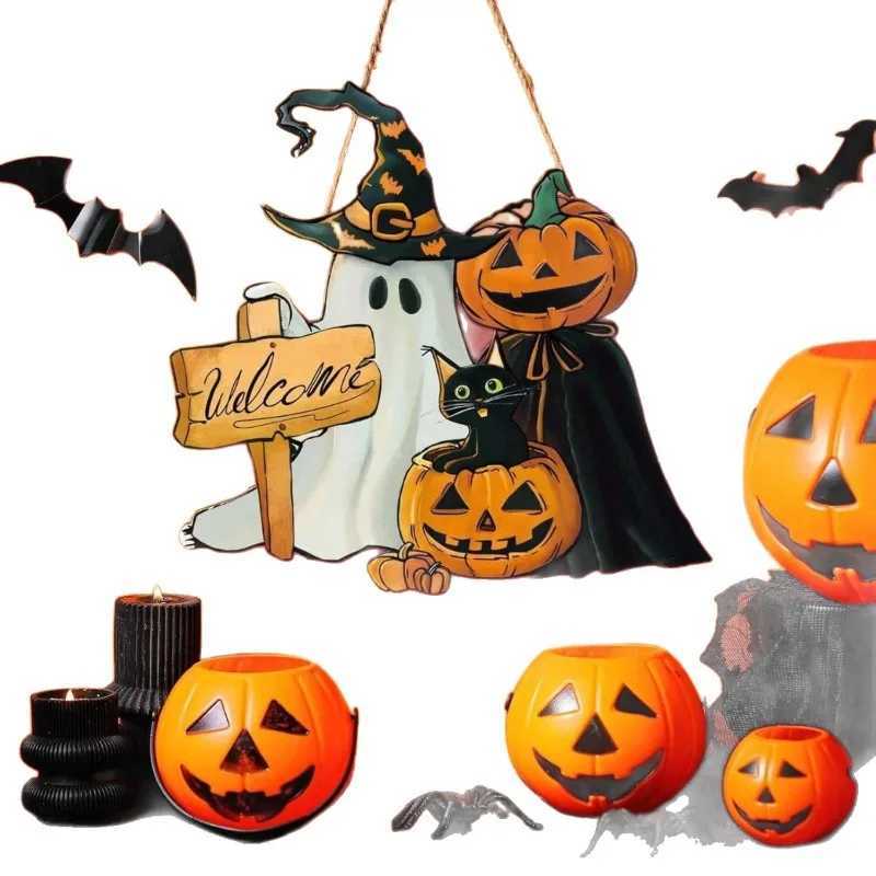 1pcs New Front Door Halloween Welcome Sign Pumpkin Skeleton Wreath Wooden Halloween Party Decoration C250919