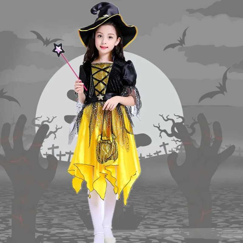 Girls Witch Costume 215Y Fairytale Wizard Dress with Hat Kids Halloween Pumpkin Print Baby Bat Spider Cosplay Outfit L250918