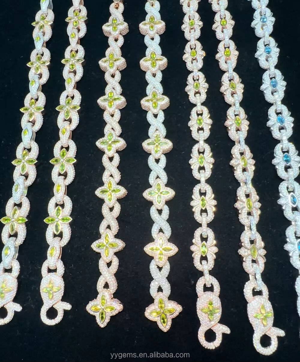 Yu Ying Men Women Fancy Colors Diamonds Infinity Cuban Links Gold Plated 925 Silver Four Leaf Clover Charms Bracelets Jewelry