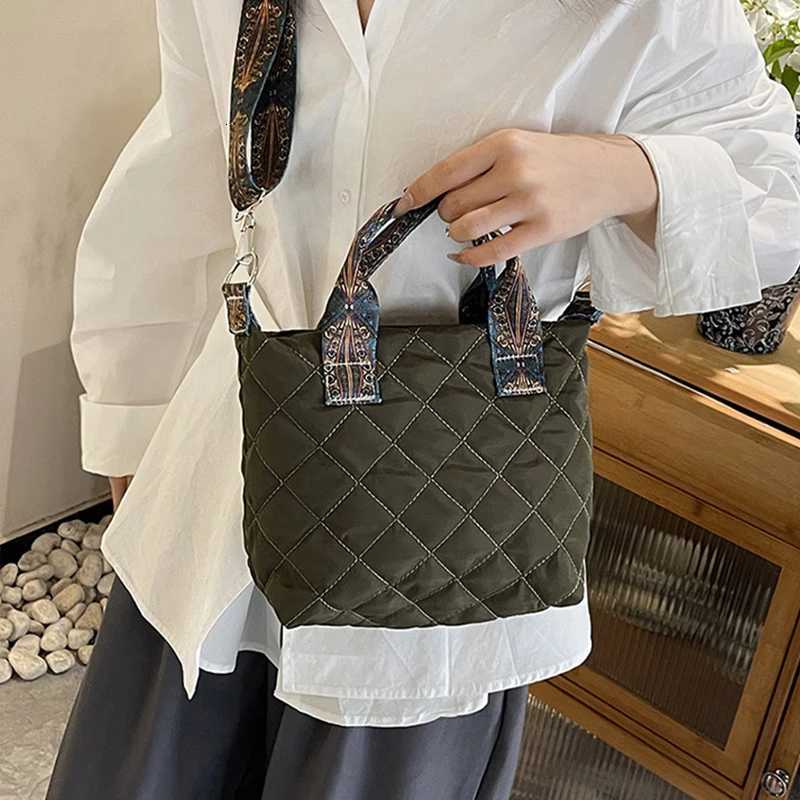 Trendy Womens Quilted Puffer Tote Crossbody Handbag with Wide Shoulder Belt Cotton Padded down Bag Z250915