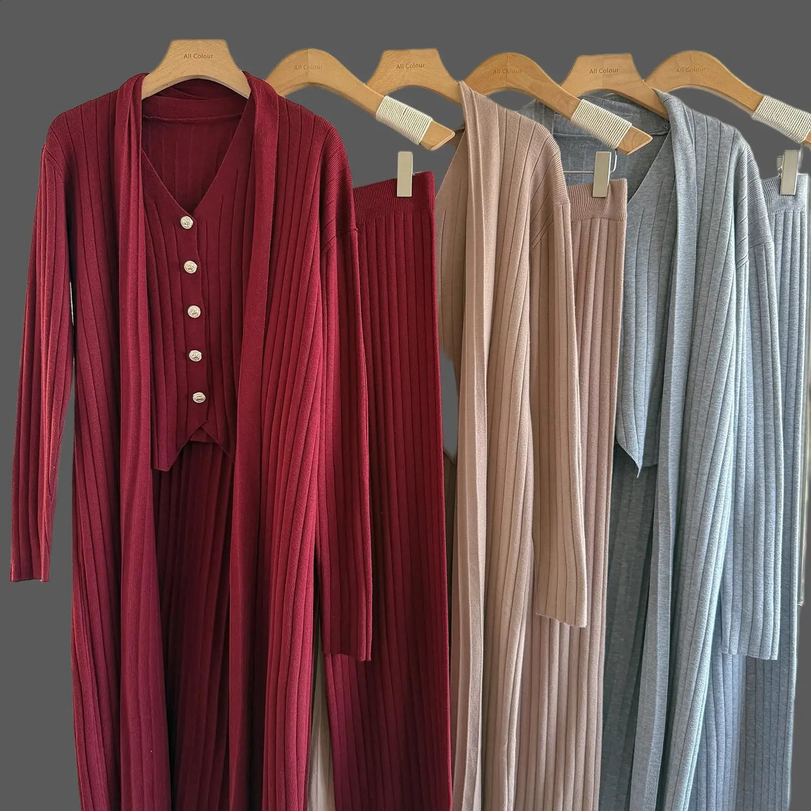 Three Piece Set for Women Autumn Winter Knitted Cardigan Loose Knitted VestLong cardiganWide Leg Pant Soft Tank Top Set 250917