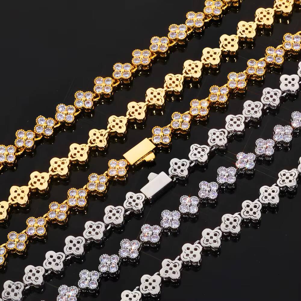 NUOYA Luxury Silver Plated Necklace for Women Four Leaf Clover Plum Blossom Design Iced Out Moissanite Hip Hop Jewelry