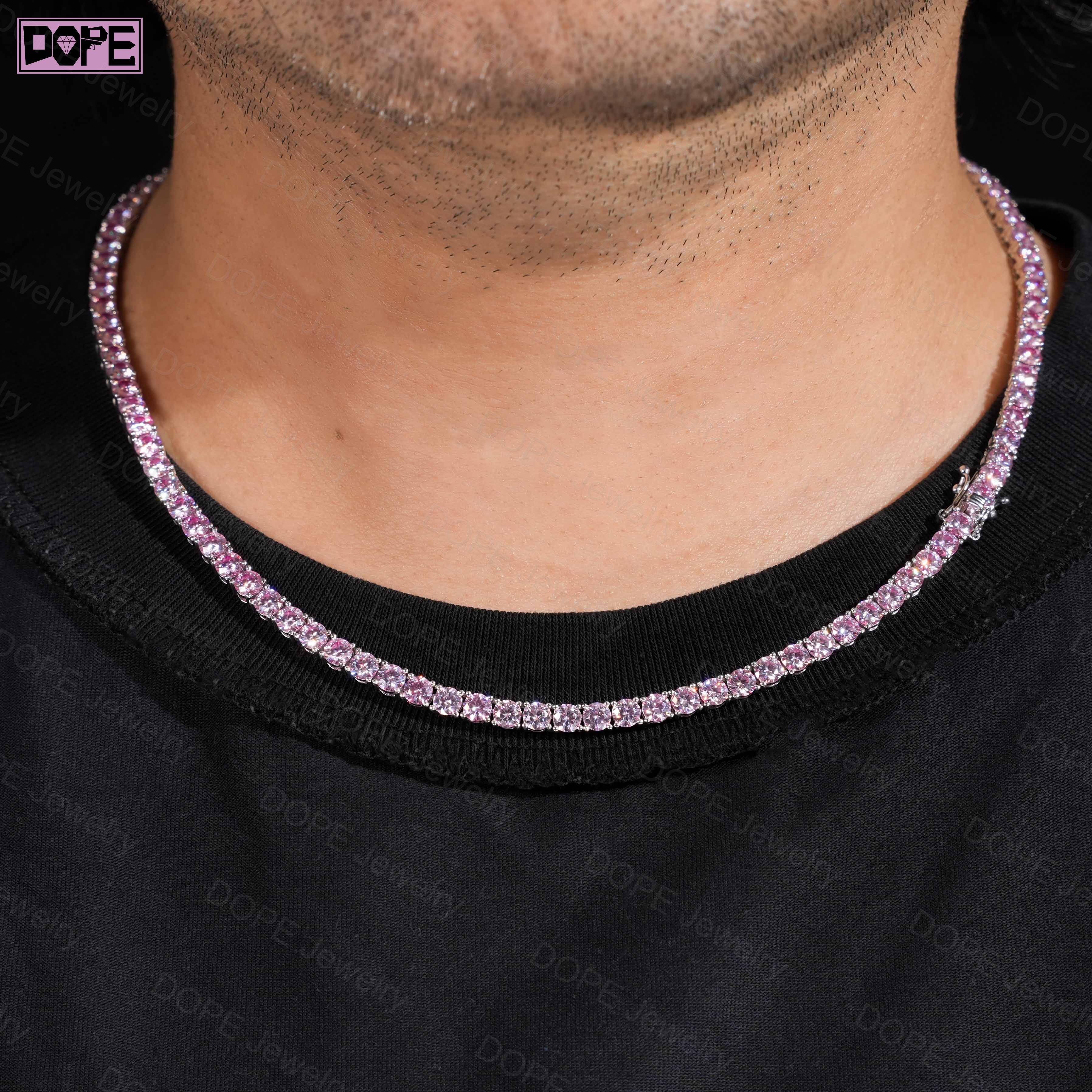4mm Iced Out Hiphop Pink Moissanite Tennis Necklace 925 Sterling Silver Sparkling Moissanite Tennis Chain