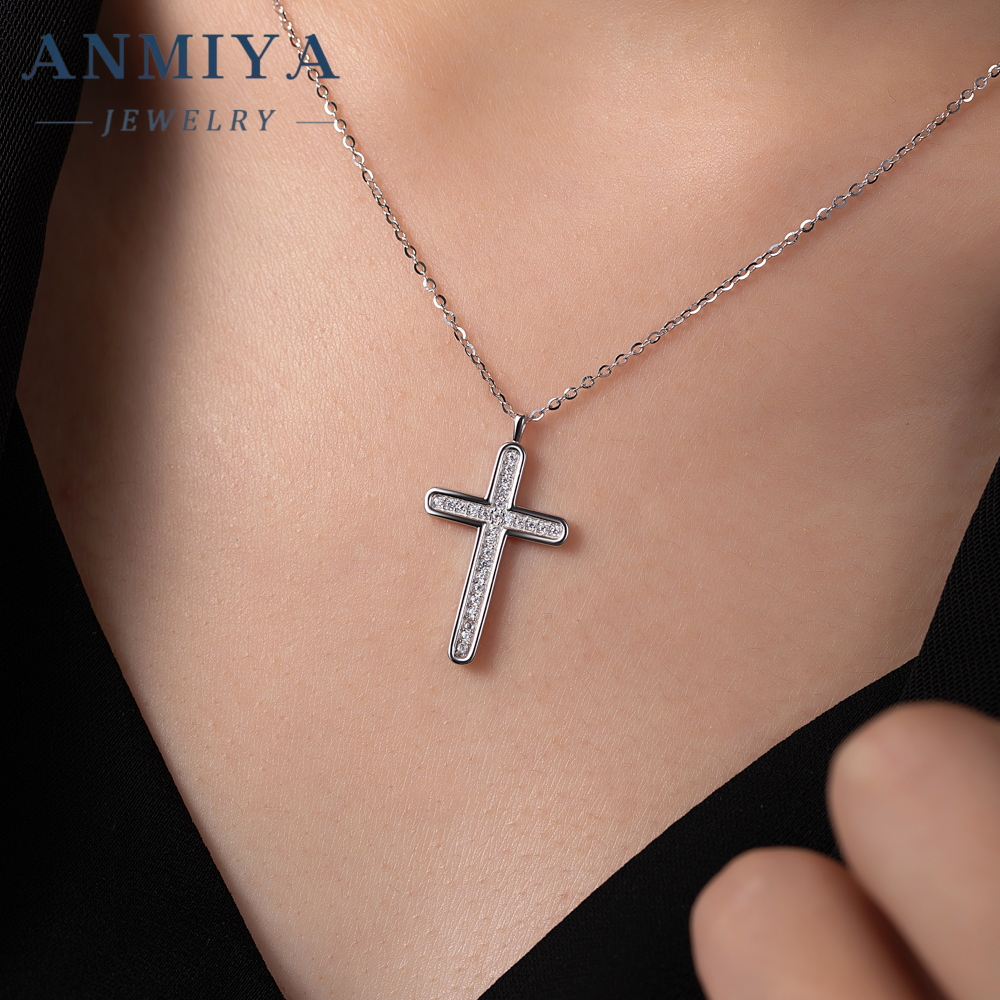 Chic Simple 925 Sterling Silver Cross Chain Zircon Cross Necklace Plated 18K Gold for Women