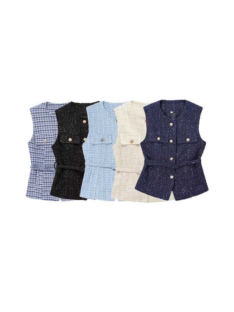 TRZAWomens Tweed Waistcoat with Belt O Neck Sleeveless Front Button Female Outerwear Chic Tops Fashion Z250918