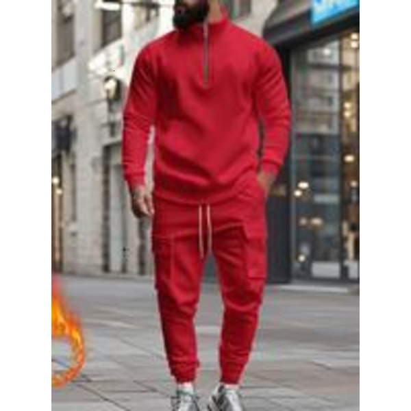 Men's Casual Fleece Lined Fitted Zipper Work Pants Set, Thick Fabric Warm Long Trousers for Fall & Winter, New Arrival Us Style