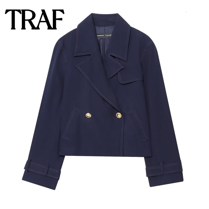 TRAF solid color simple autumn item womens commuting versatile double breasted long sleeved short jacket 250923