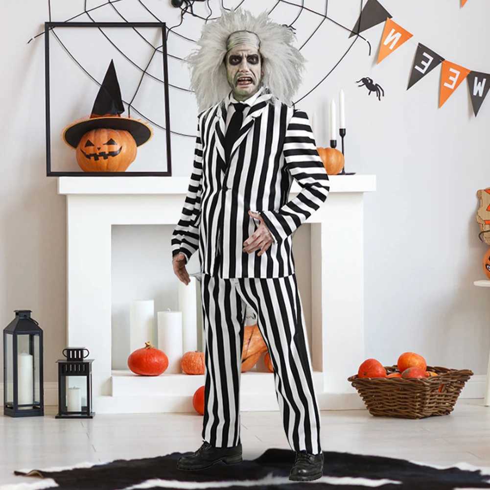 Beetle Juicee Men Black and White Striped Suit 2024 Scary Halloween Cosplay Costumes Wig Tie Shirt Classic Striped Two Piece Set L250918